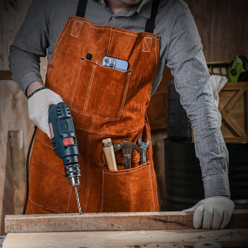 LeaSeek Leather Welding Work Apron,Woodworking Shop Apron,Heat Resistant & Flame Resistant Bib Apron, Flame Retardant Heavy Duty BBQ Apron, Adjustable Fit M-XXXL Men & Women - Image 5